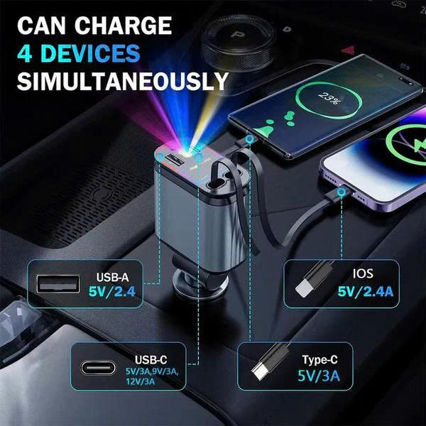 4-in-1 Retractable 69W Fast Car Charger